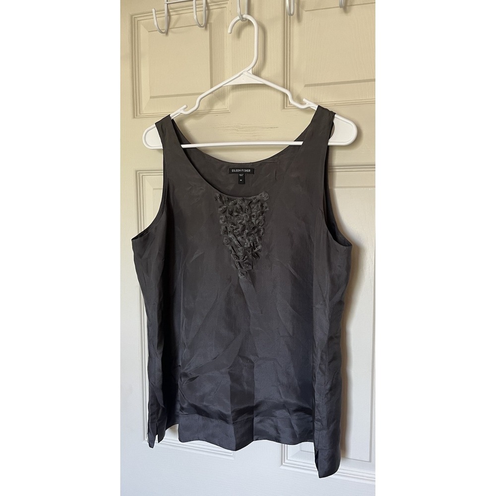 Eileen Fisher Silk Habutai Tank Blouse Dark Gray Floating Squares Women's M